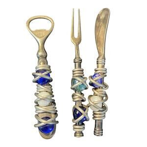 Charcuterie Cheese Serving Utensils Bottle Opener Wire Wrapped Art Glass 3pc Set